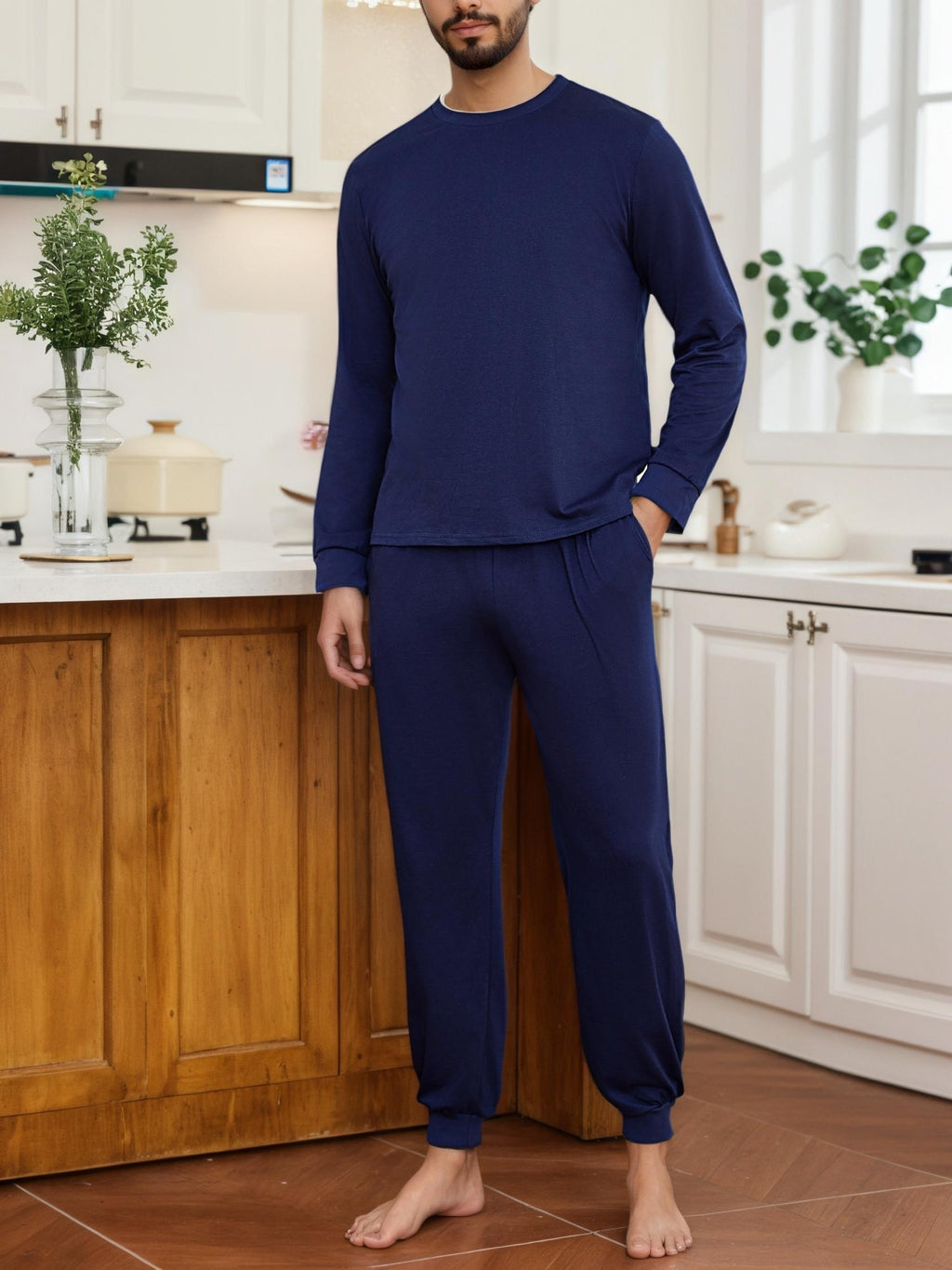 Herren Baumwoll Pyjama Winter Rundhals