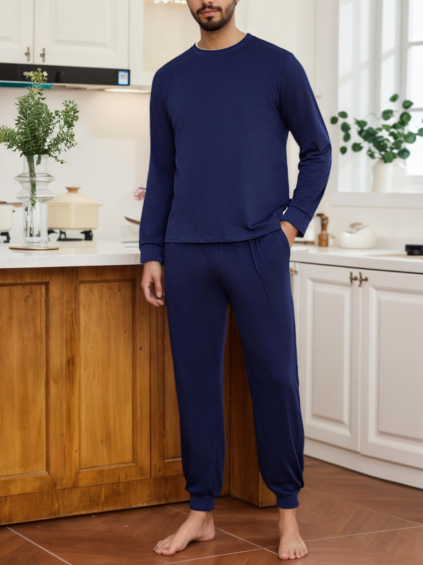 Herren Baumwoll Pyjama Winter Rundhals