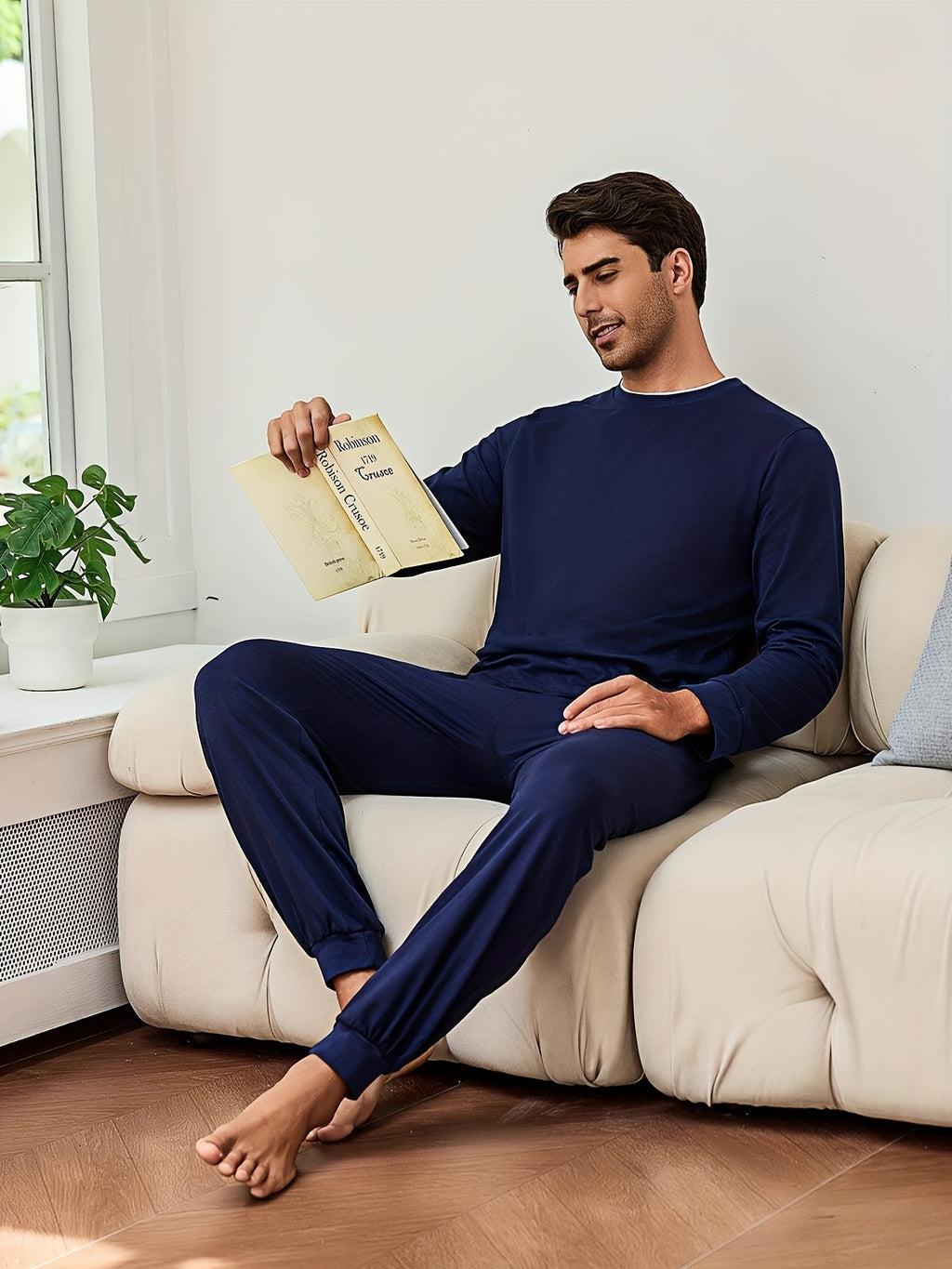 Herren Baumwoll Pyjama Winter Rundhals