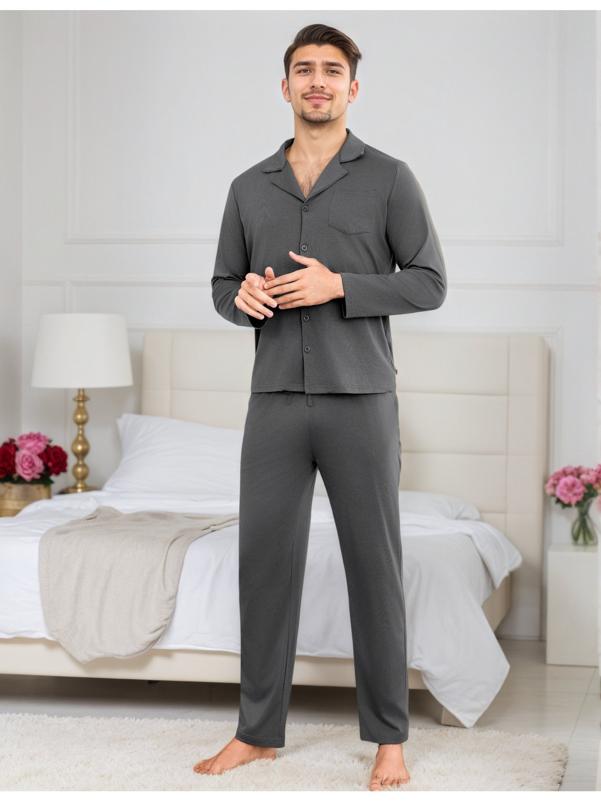 Herren Baumwoll Pyjama Knopfleiste Set