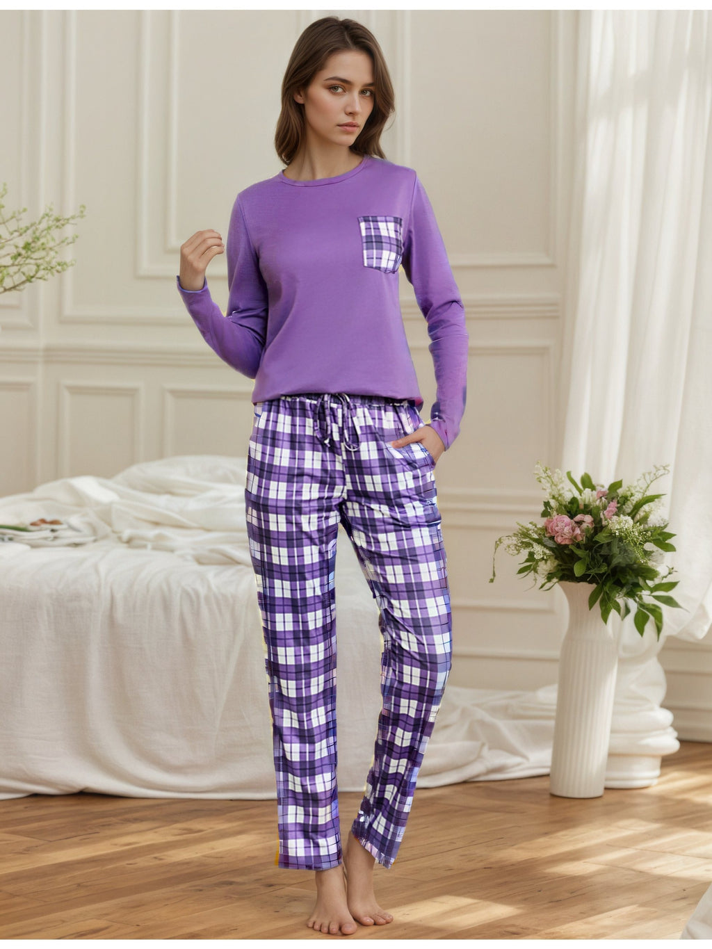 Damen Baumwoll Pyjama Kariert Set