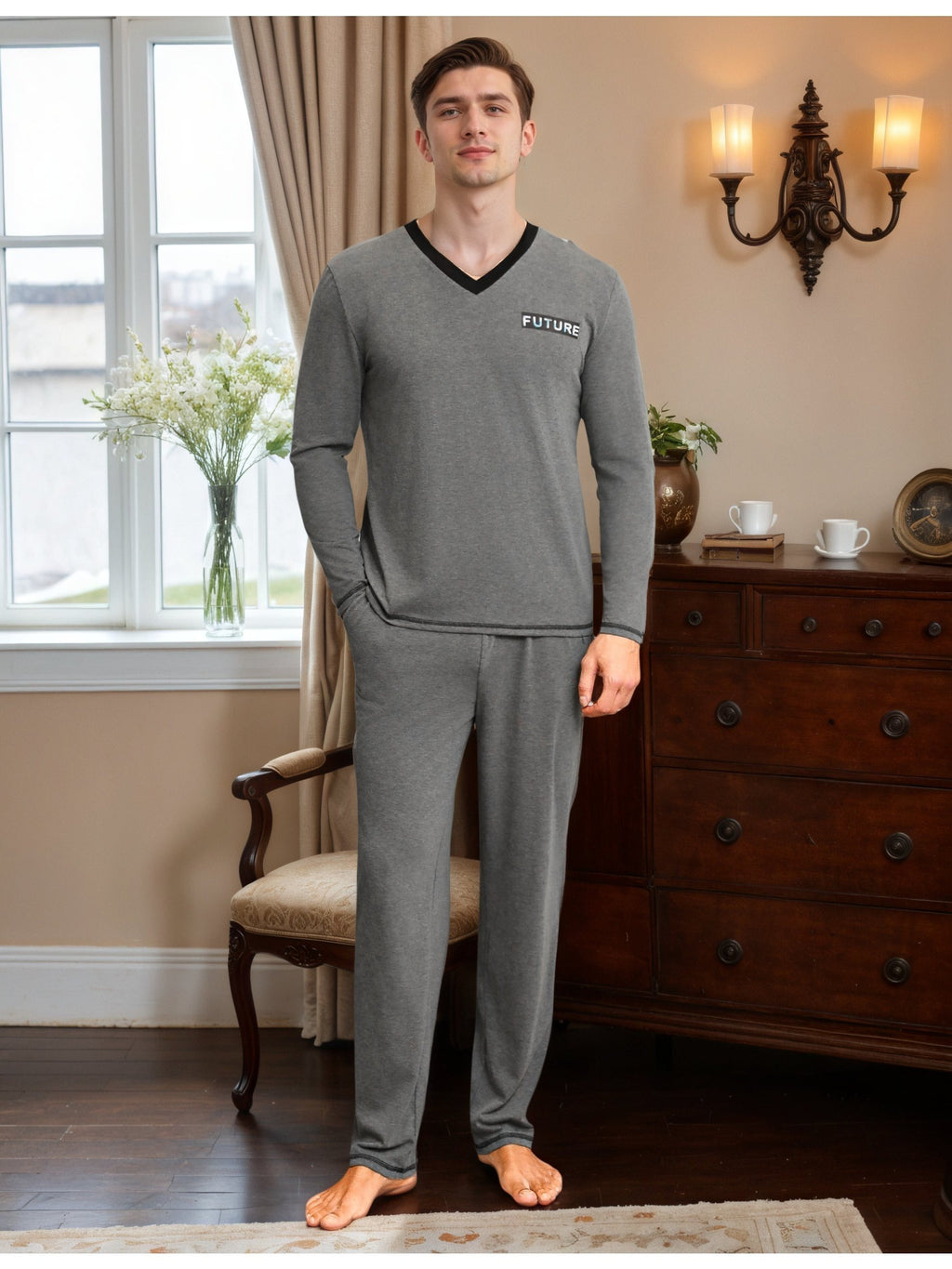 Herren Baumwoll Pyjama V-Neck Print