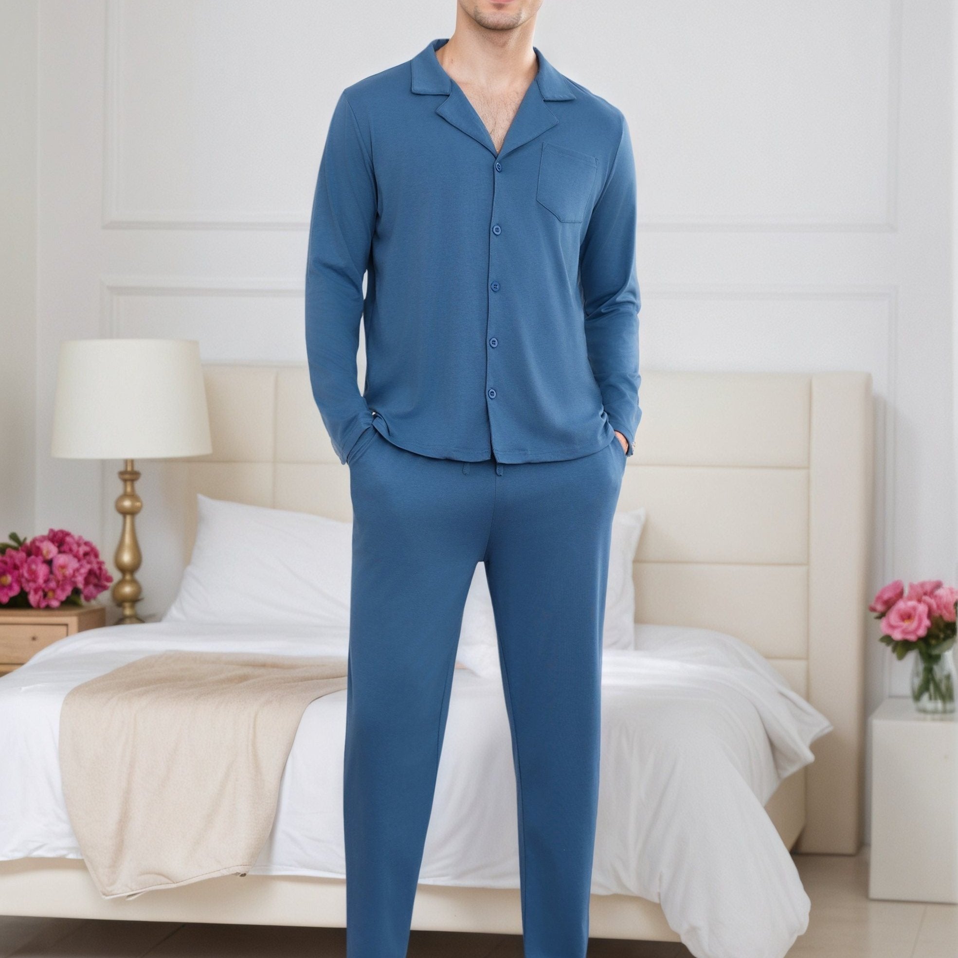 Herren Baumwoll Pyjama Knopfleiste Set