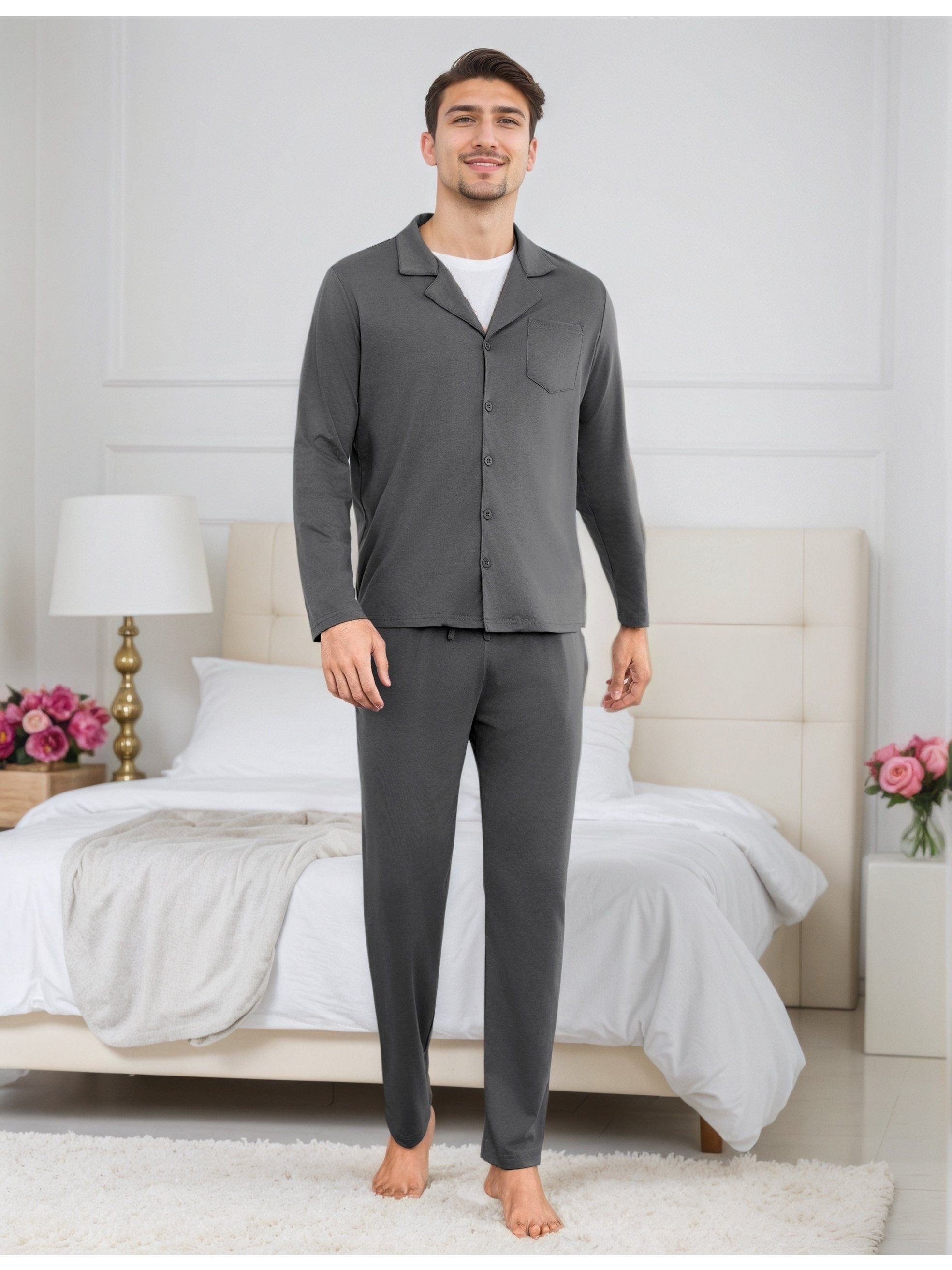 Herren Baumwoll Pyjama Knopfleiste Set