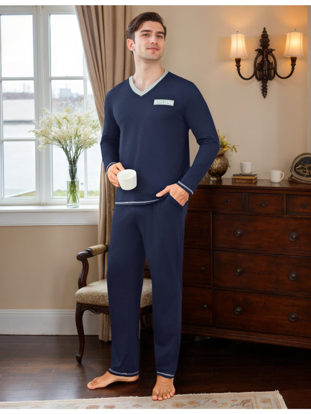 Herren Baumwoll Pyjama V-Neck Print