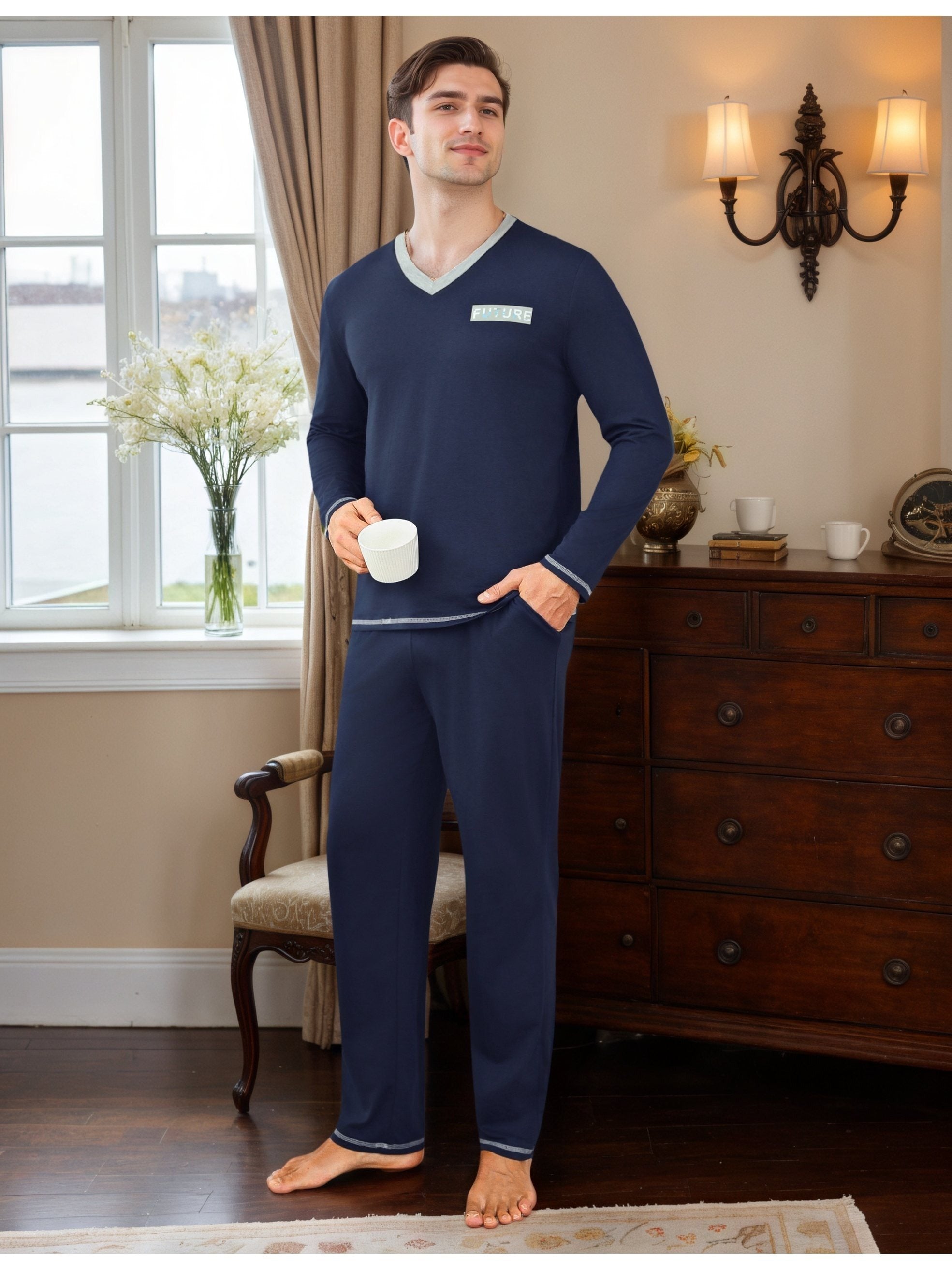 Herren Baumwoll Pyjama V-Neck Print