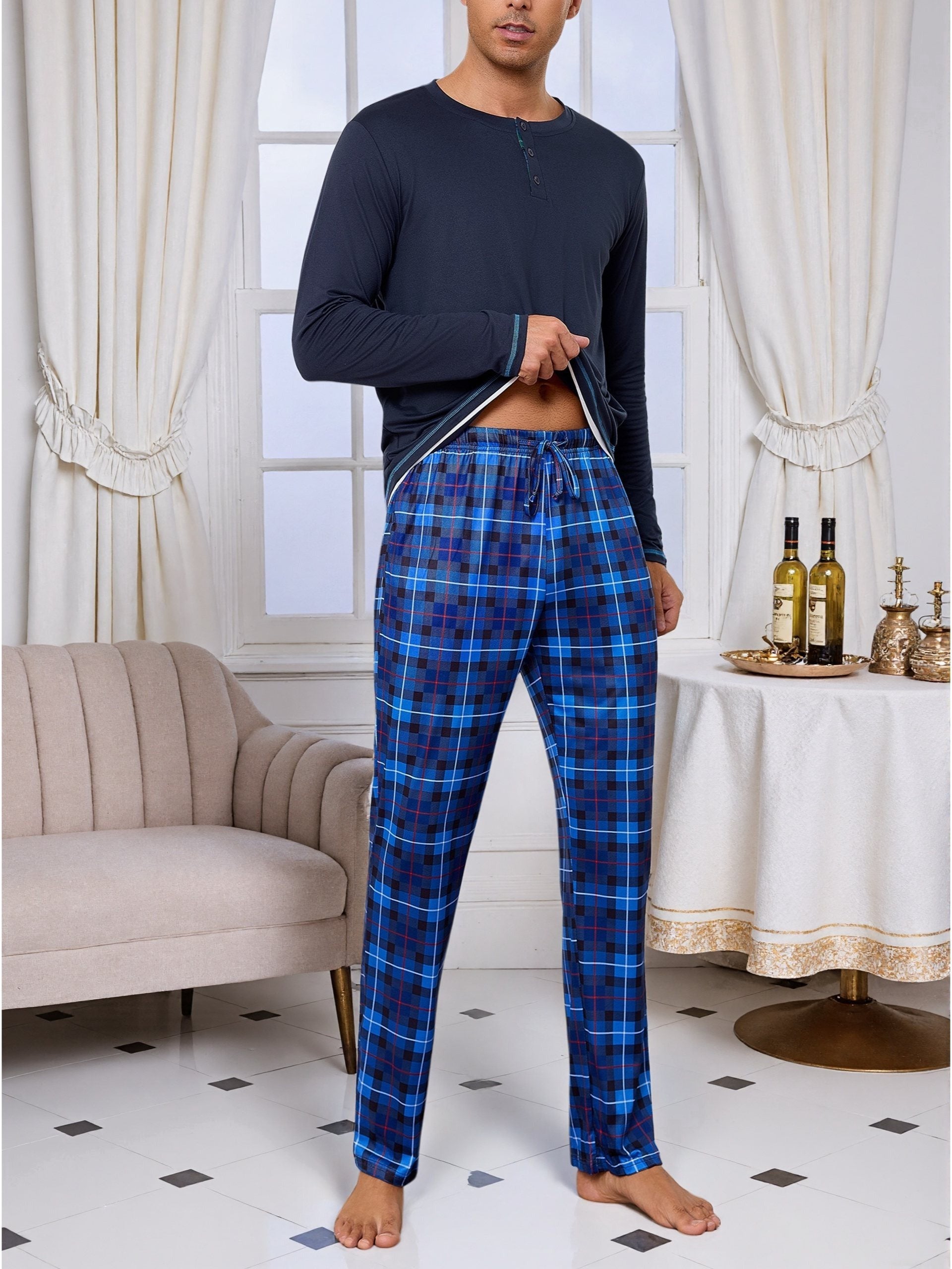 Herren Baumwoll Pyjama Rundhals Set