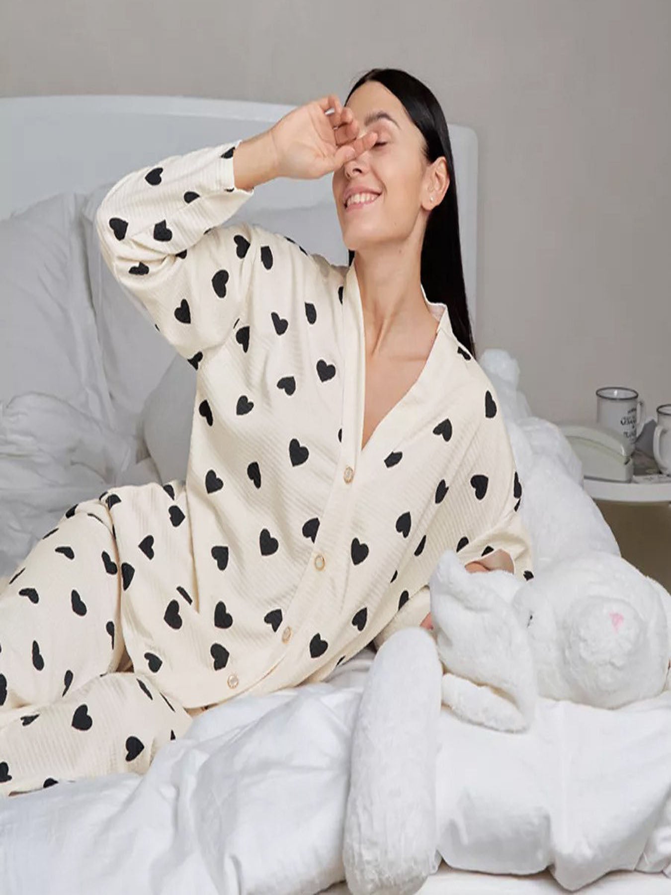 Damen Waffel Pyjama Herz Print