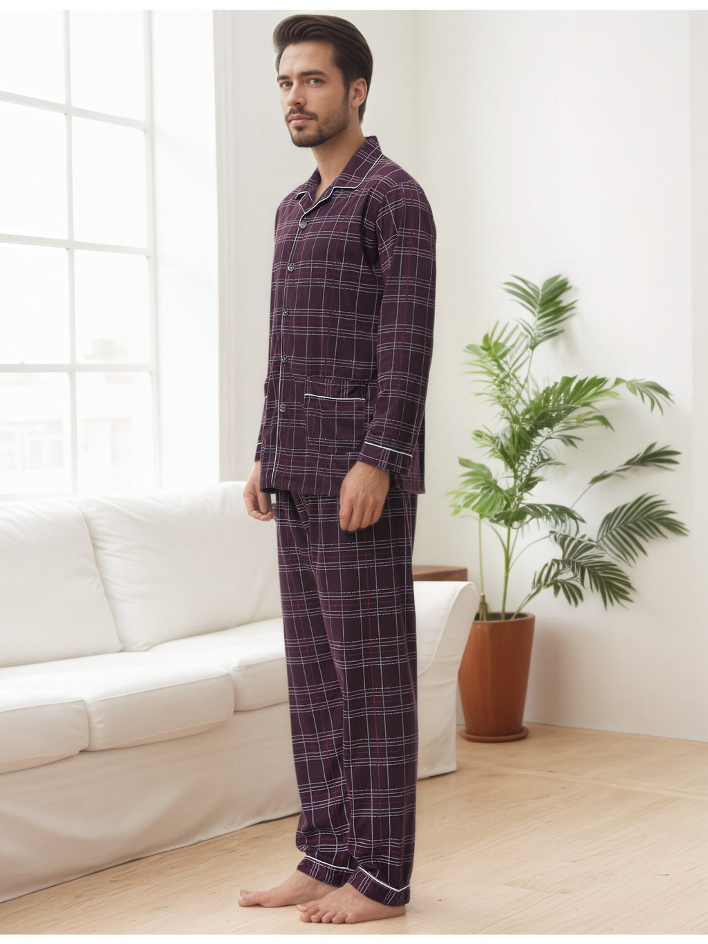 Herren Karierter Pyjama V-Ausschnitt