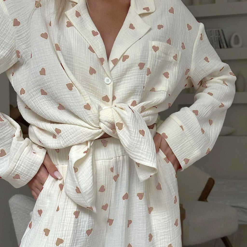 Damen Waffel Pyjama Herz Set