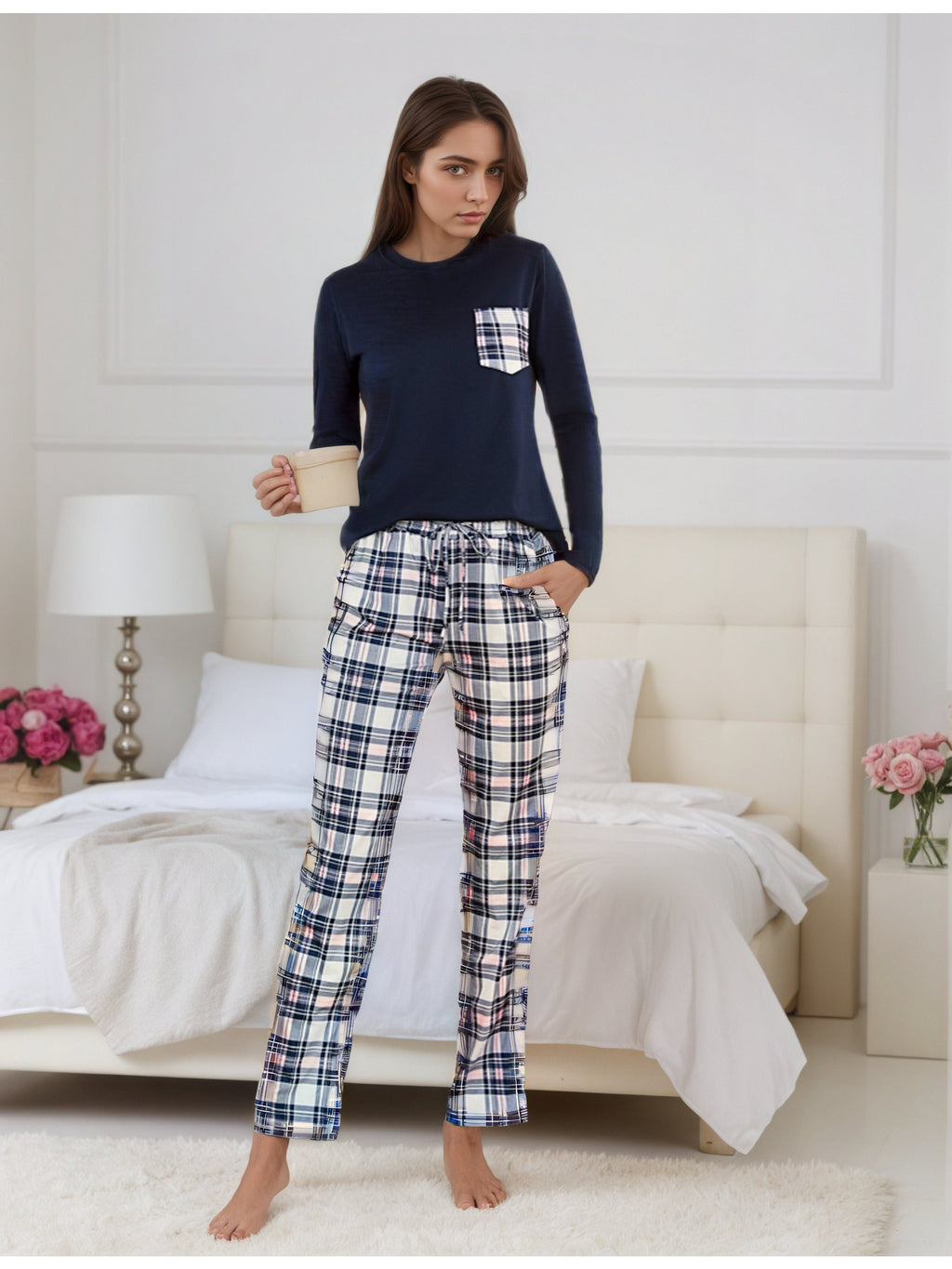 Damen Baumwoll Pyjama Kariert Set