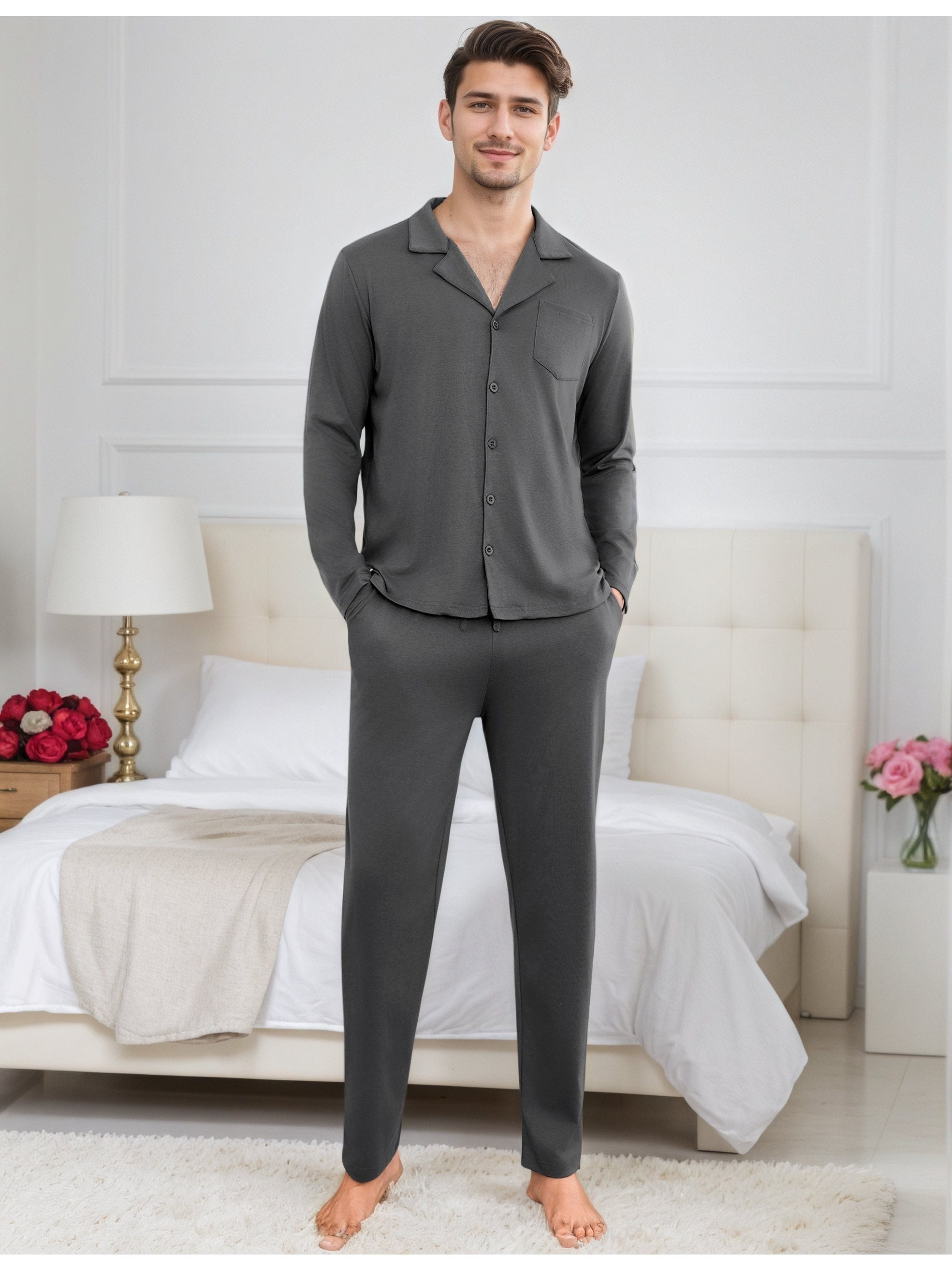 Herren Baumwoll Pyjama Knopfleiste Set