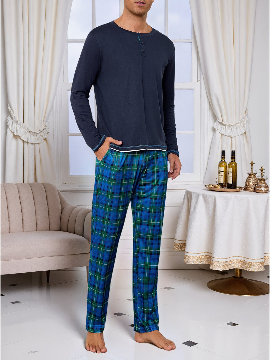 Herren Baumwoll Pyjama Rundhals Set