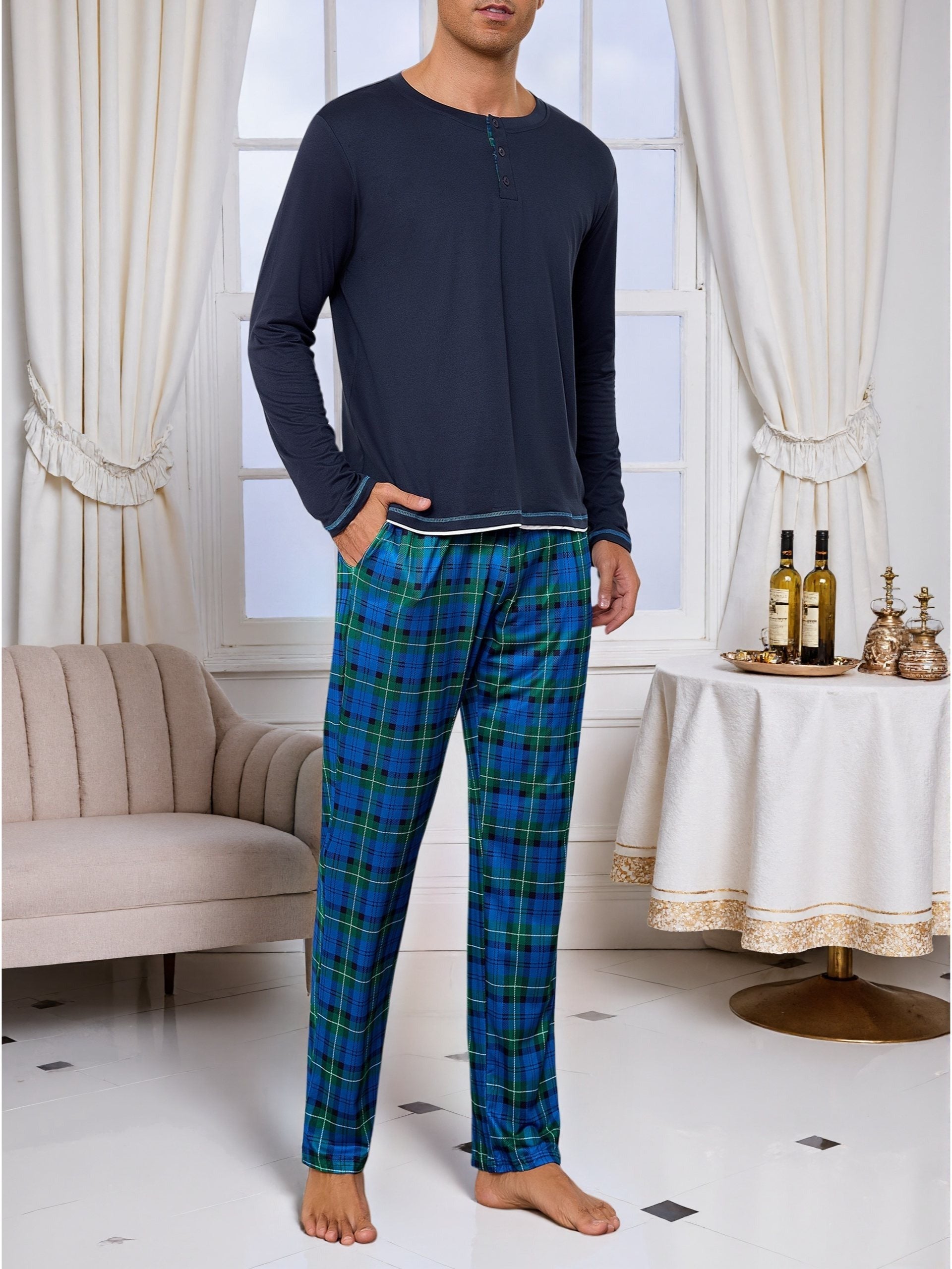 Herren Baumwoll Pyjama Rundhals Set