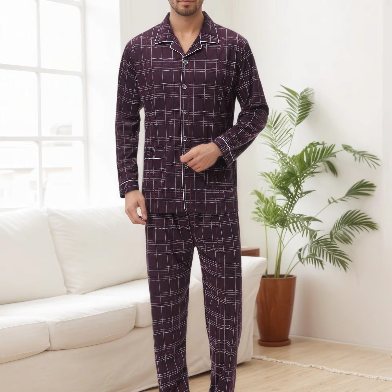 Herren Karierter Pyjama V-Ausschnitt