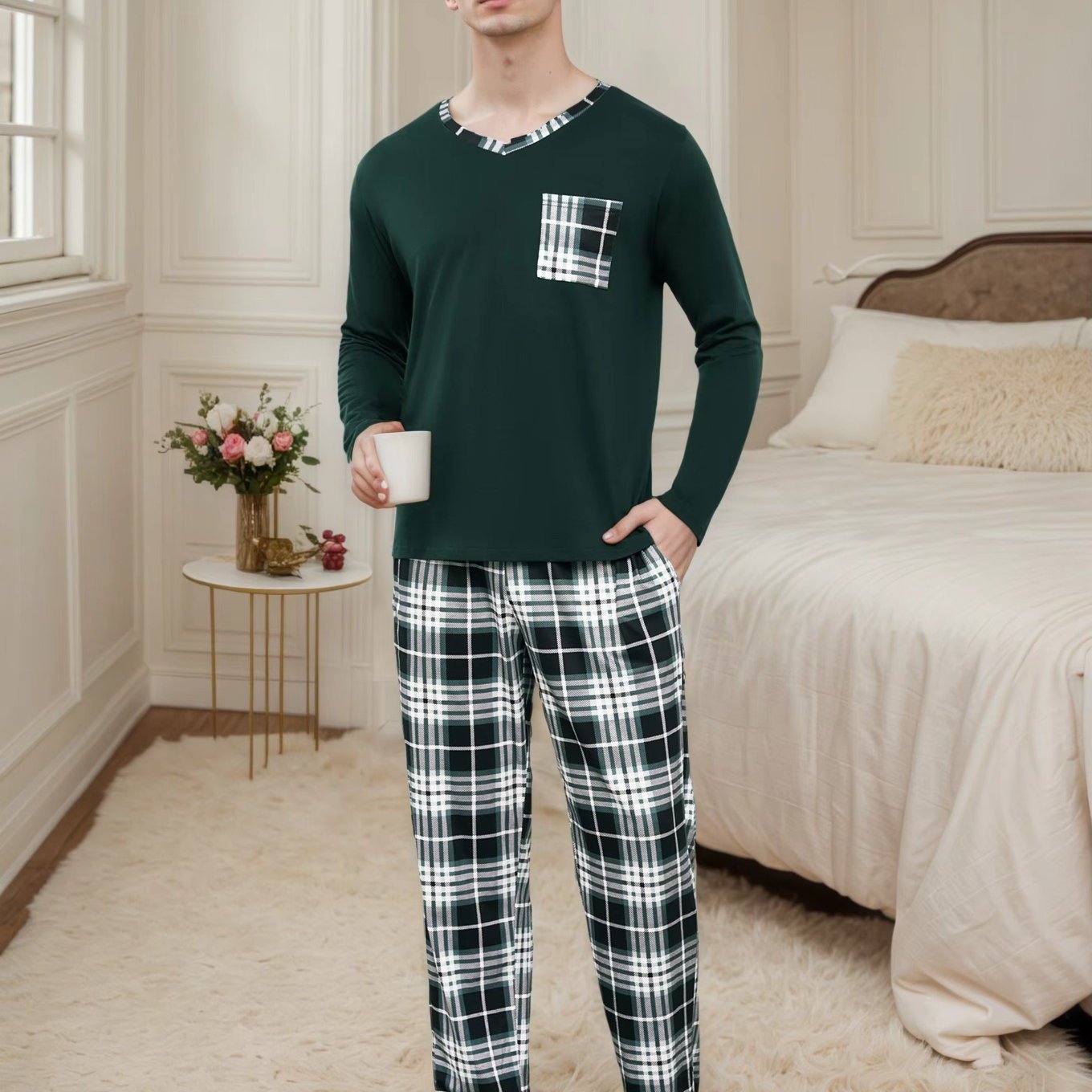 Herren Baumwoll Pyjama Langarm Set