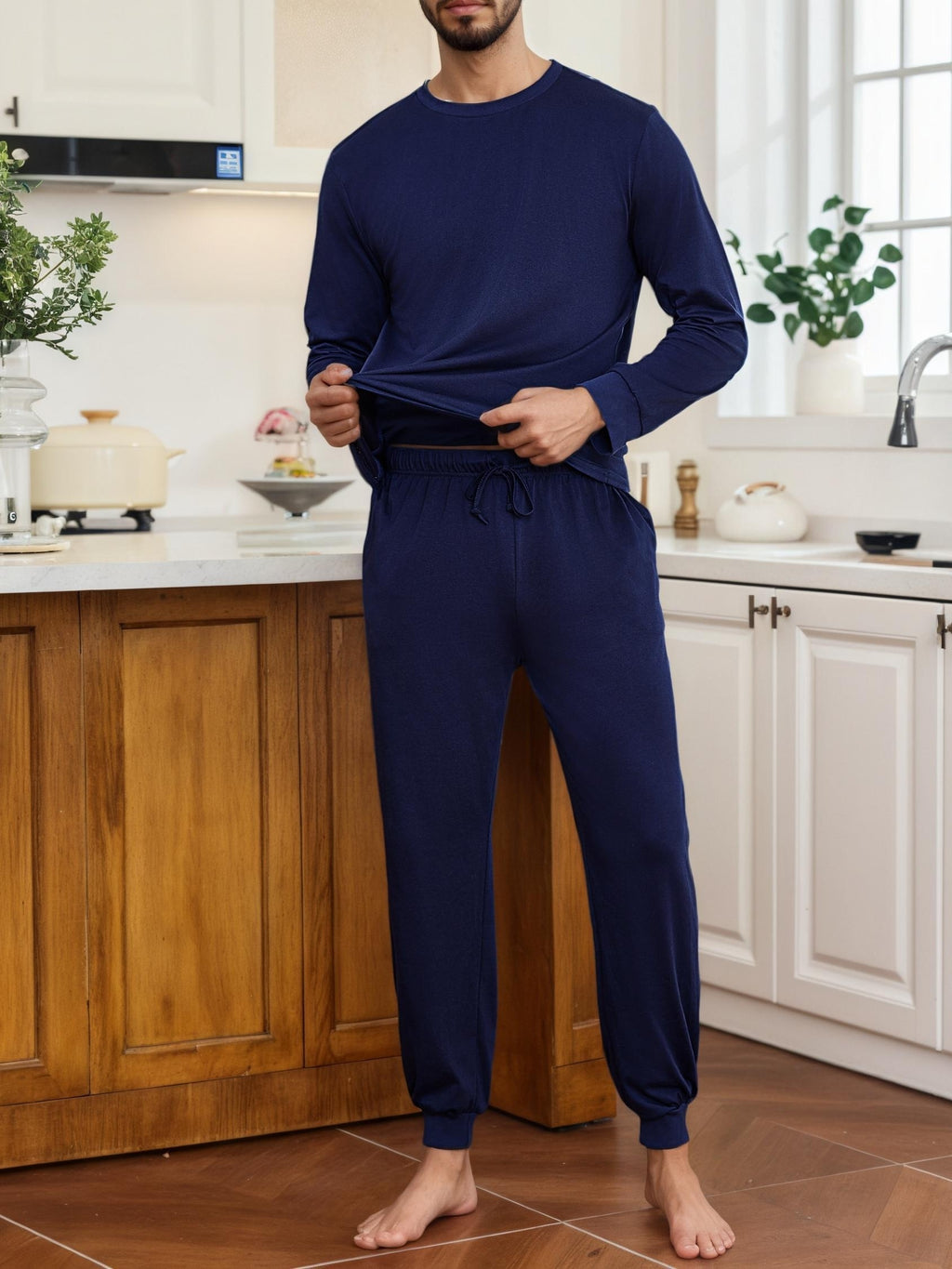 Herren Baumwoll Pyjama Winter Rundhals
