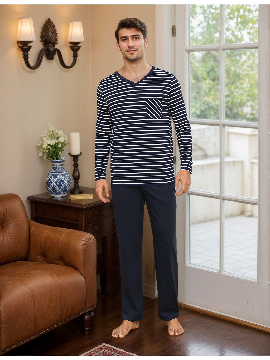 Herren Baumwoll Pyjama Streifen Set