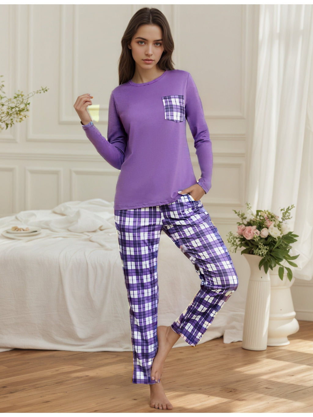 Damen Baumwoll Pyjama Kariert Set