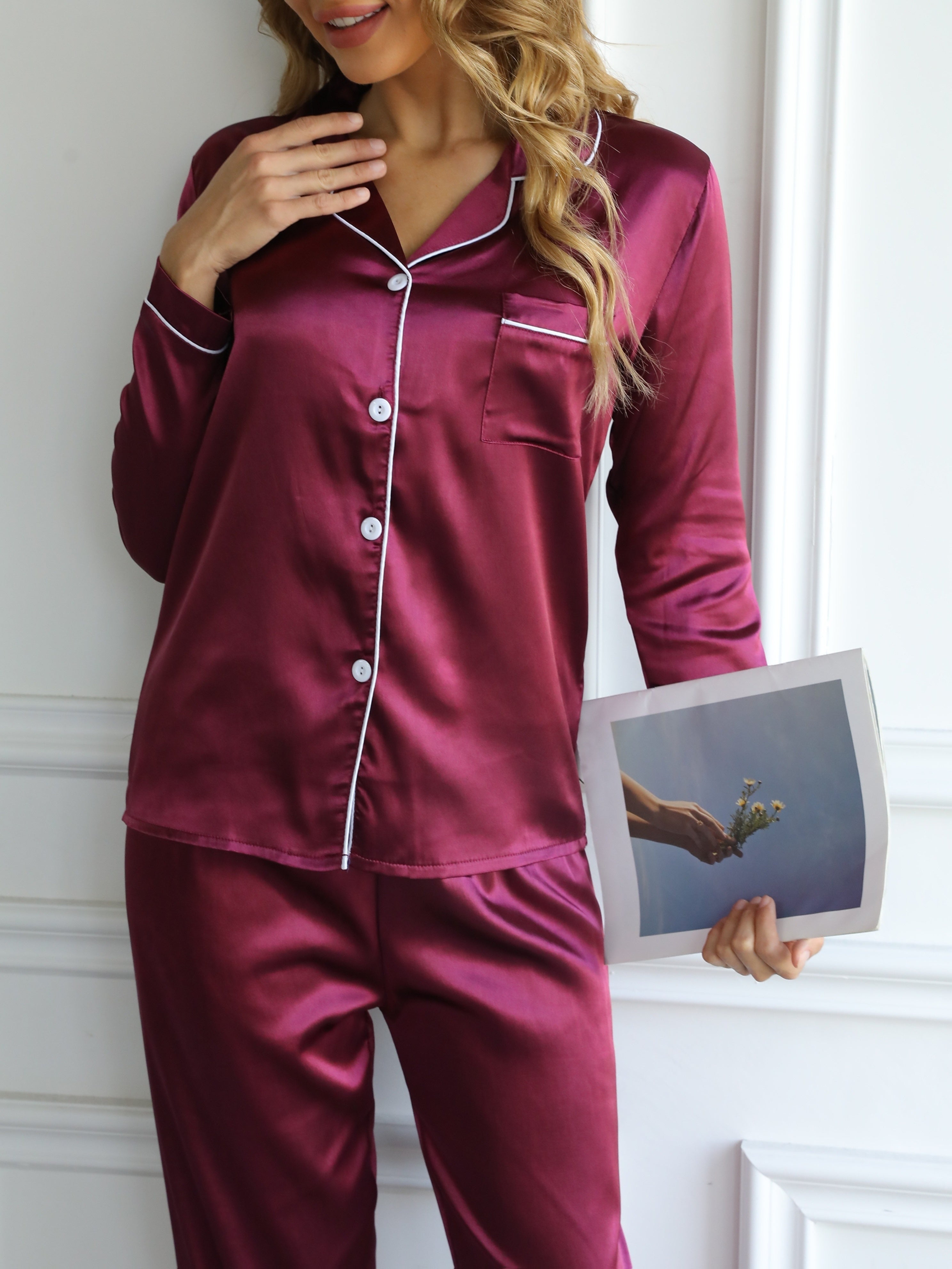 Damen Satin Pyjama Rot Elegant