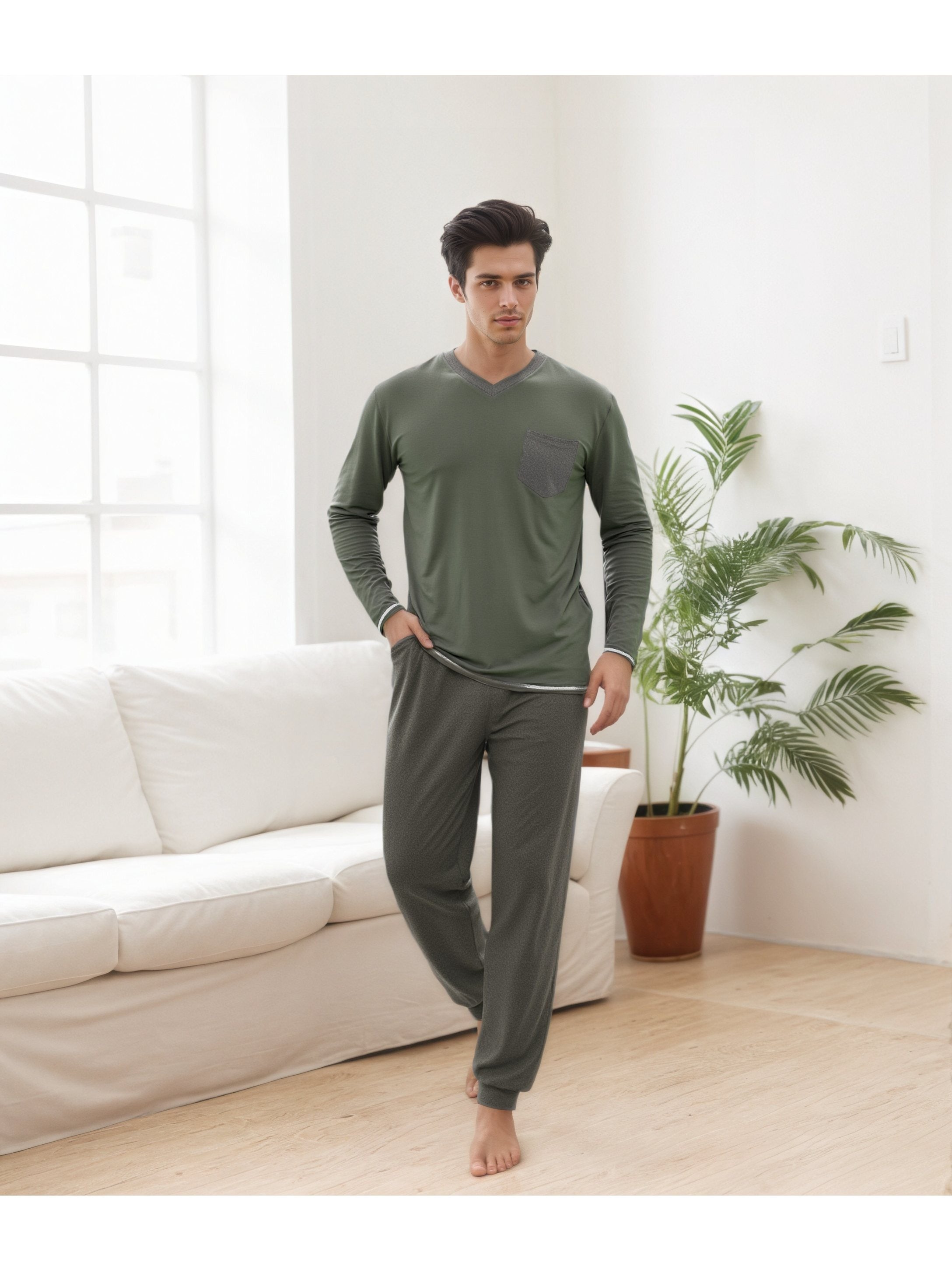 Herren Baumwoll Pyjama Winter Langarm