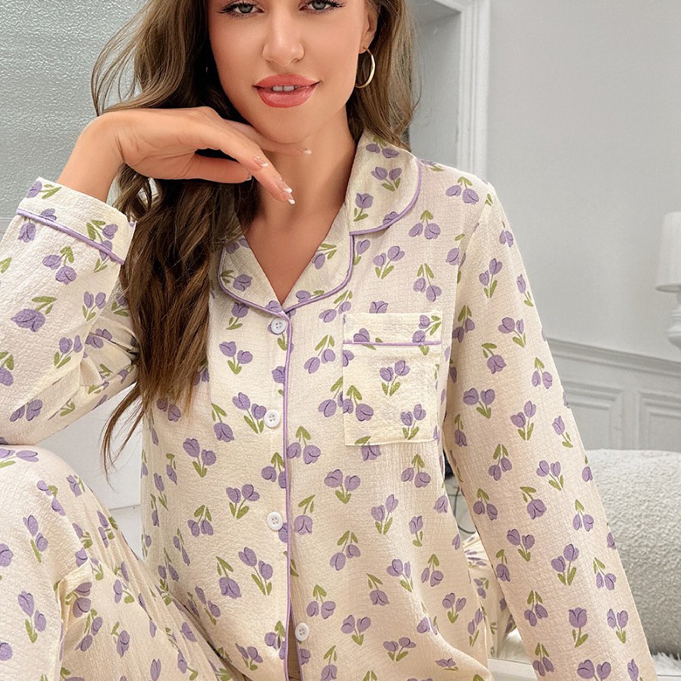 Damen Homewear Set Tulpen Print