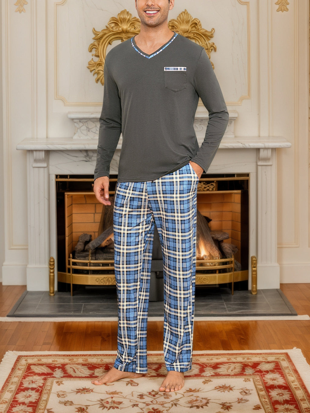 Herren Pyjama V-Ausschnitt Streifen