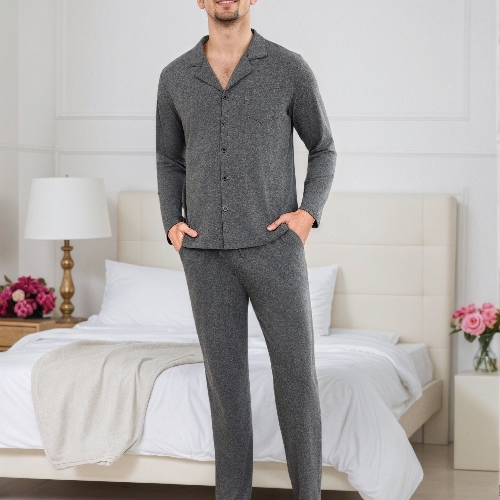 Herren Baumwoll Pyjama Knopfleiste Set