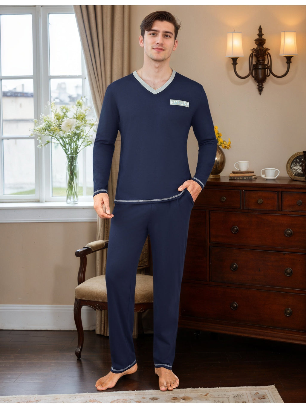 Herren Baumwoll Pyjama V-Neck Print