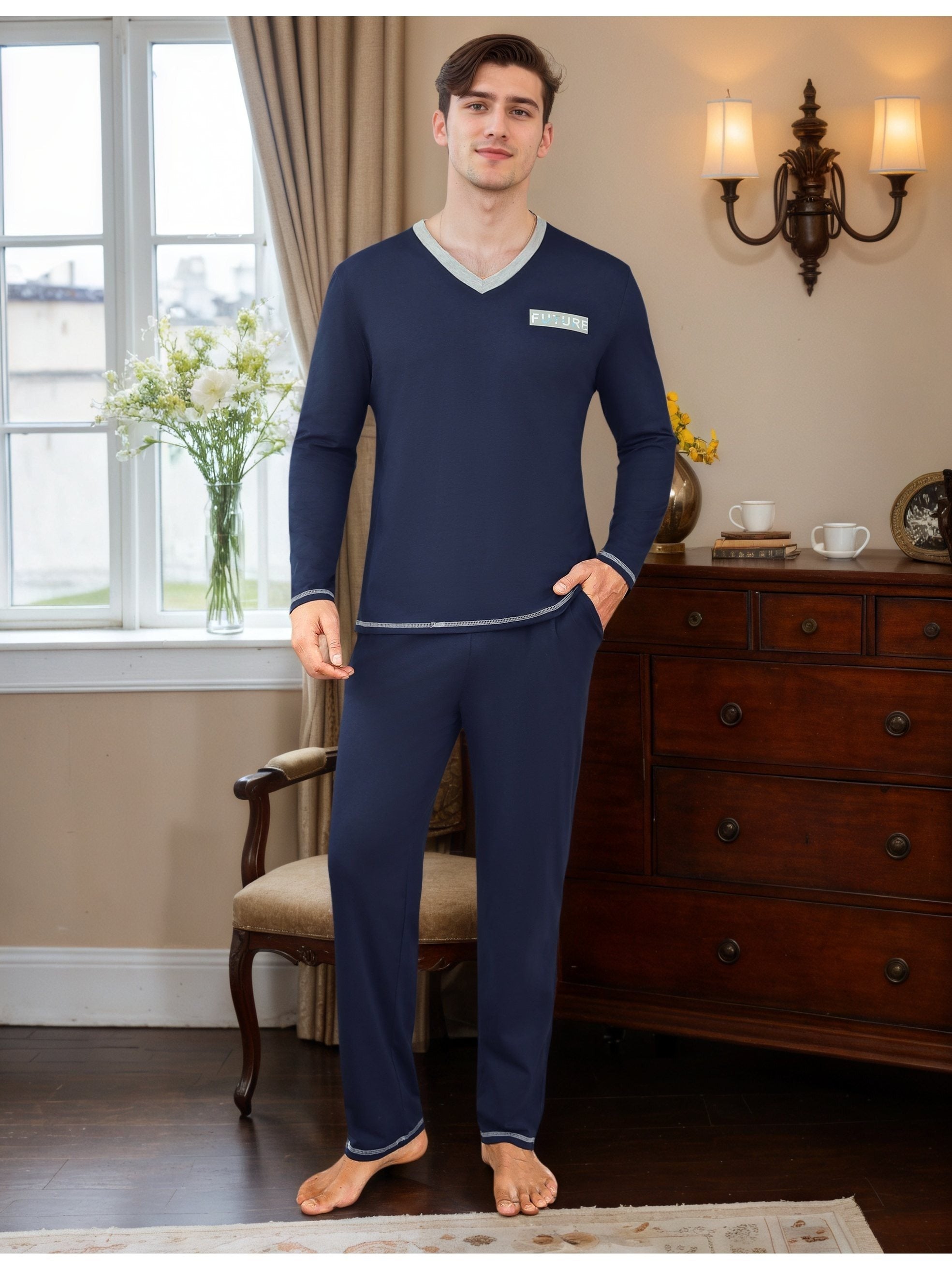 Herren Baumwoll Pyjama V-Neck Print