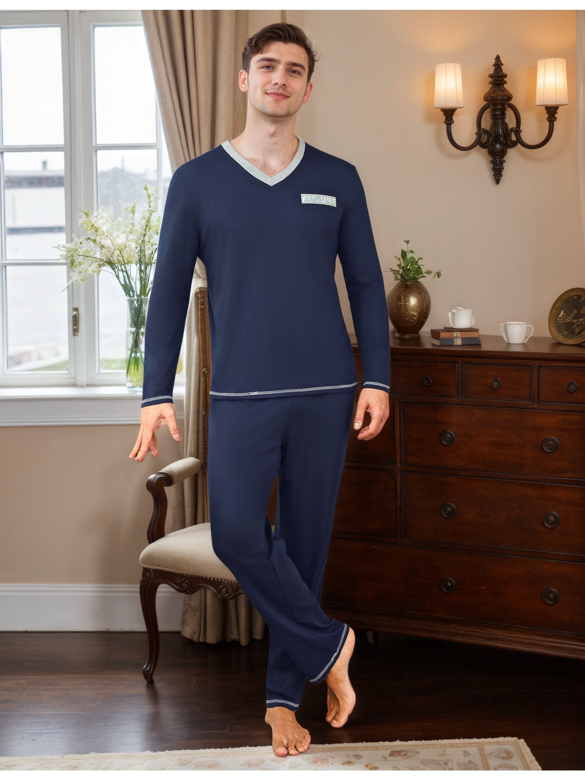 Herren Baumwoll Pyjama V-Neck Print