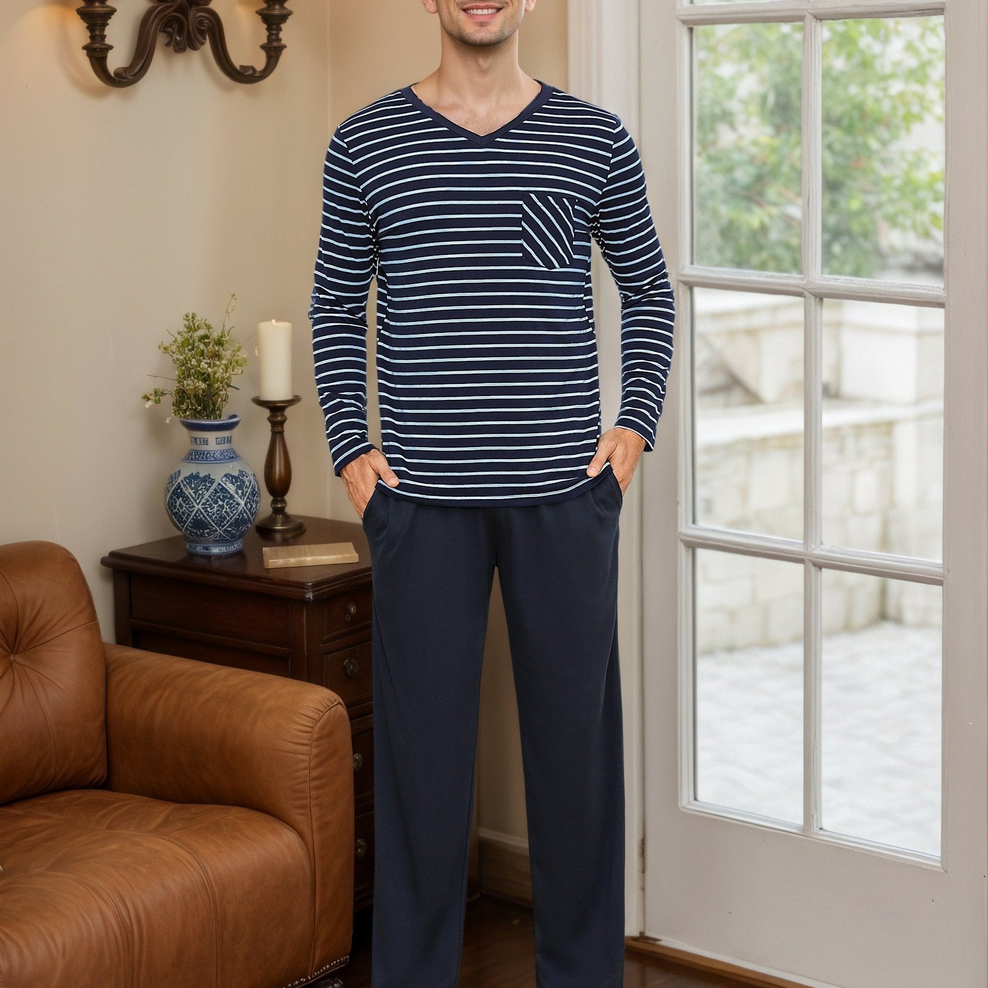 Herren Baumwoll Pyjama Streifen Set
