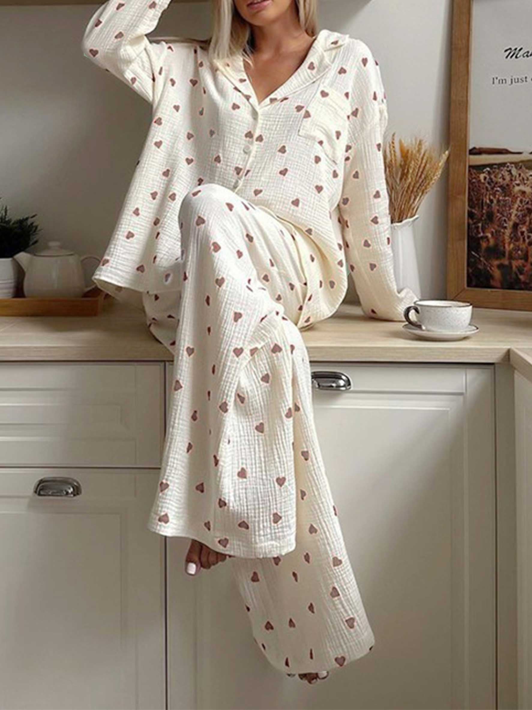 Damen Waffel Pyjama Herz Set