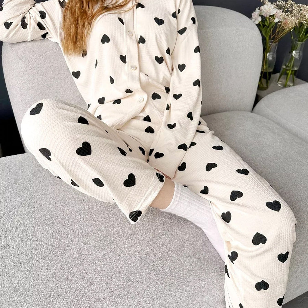 Damen Waffel Pyjama Herz Print