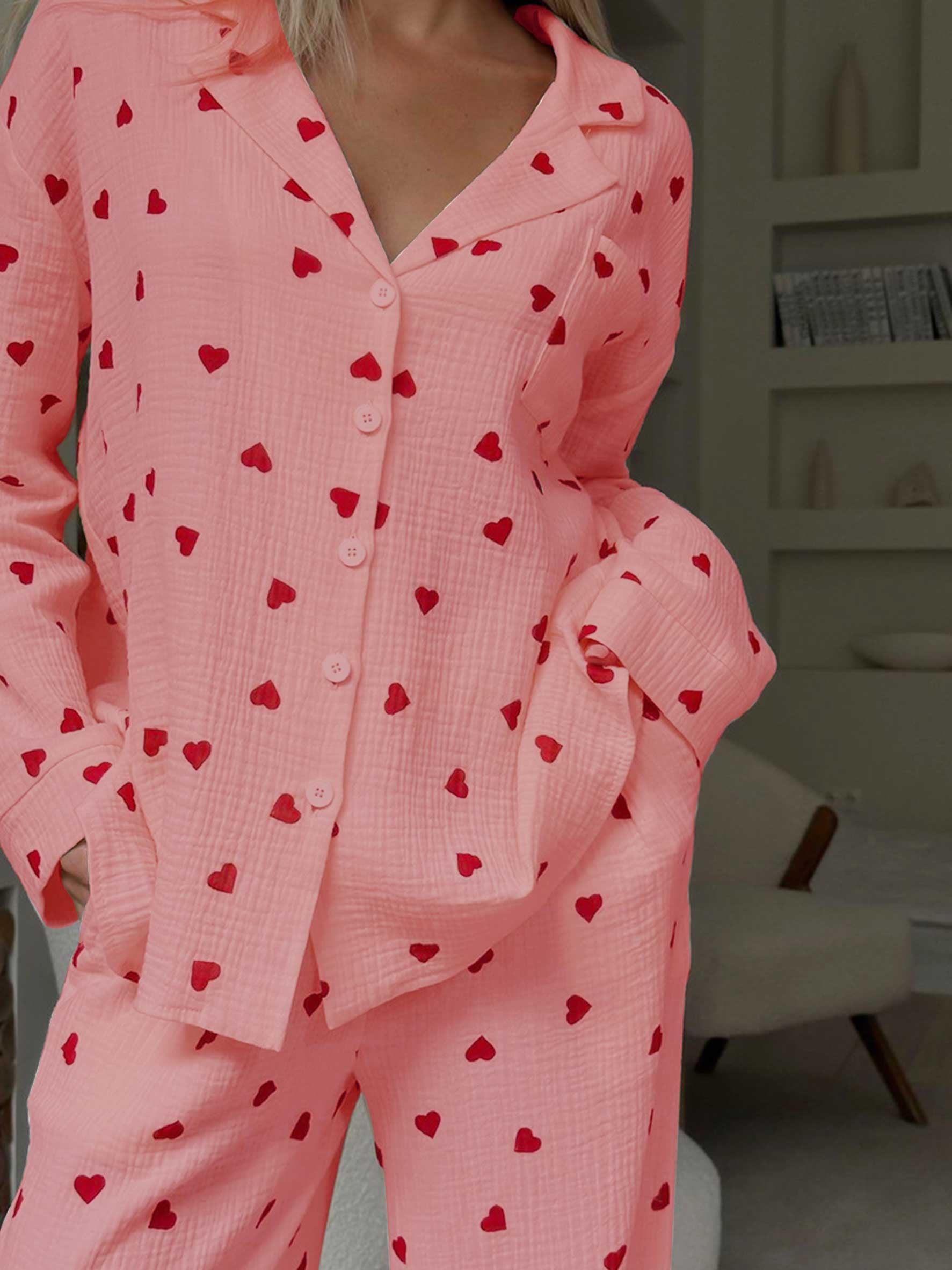 Damen Waffel Pyjama Herz Set