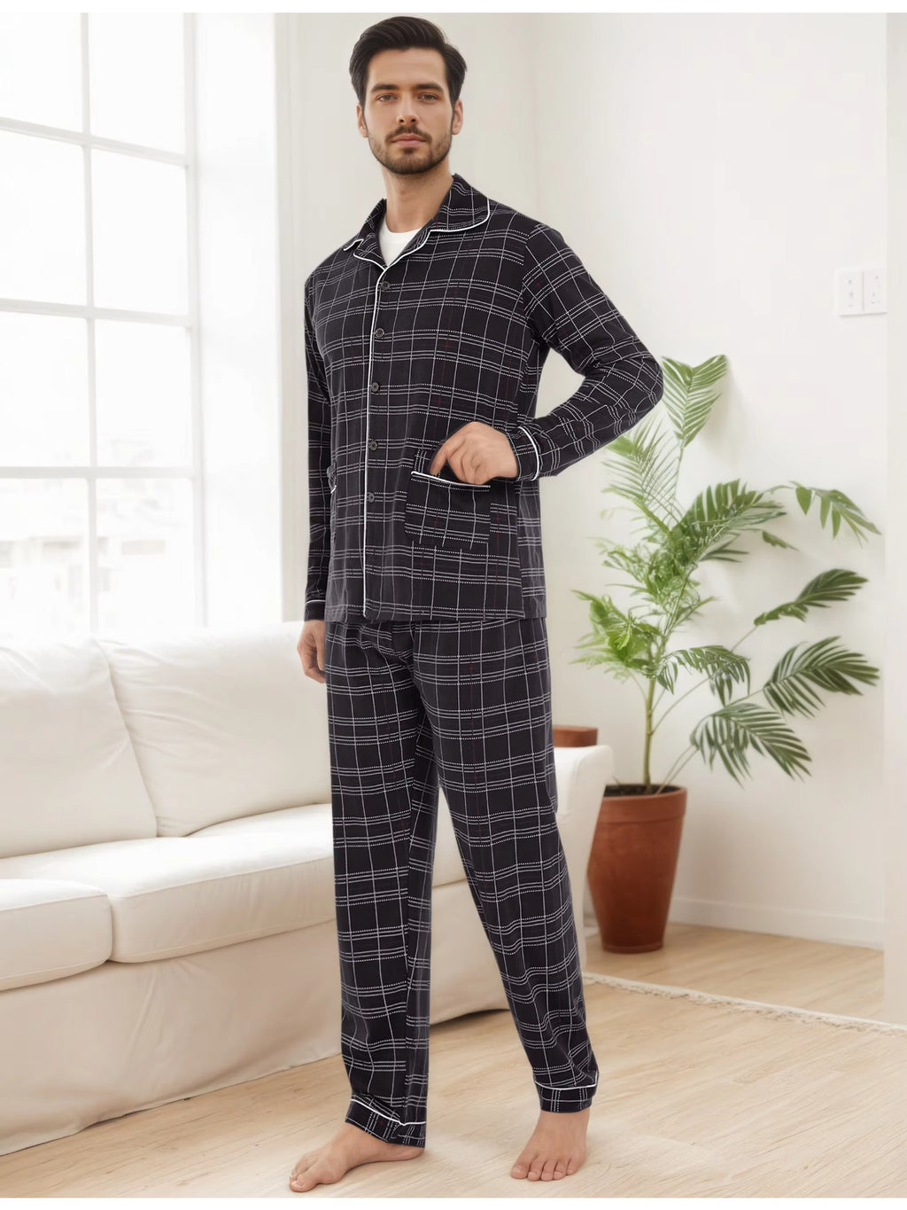 Herren Karierter Pyjama V-Ausschnitt