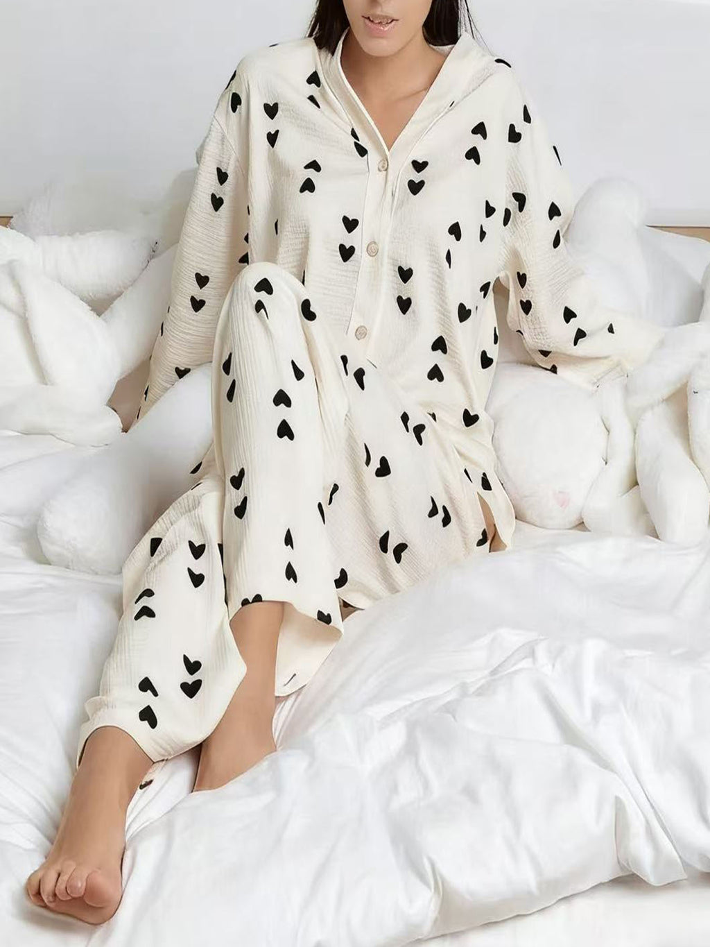 Damen Waffel Pyjama Herz Print