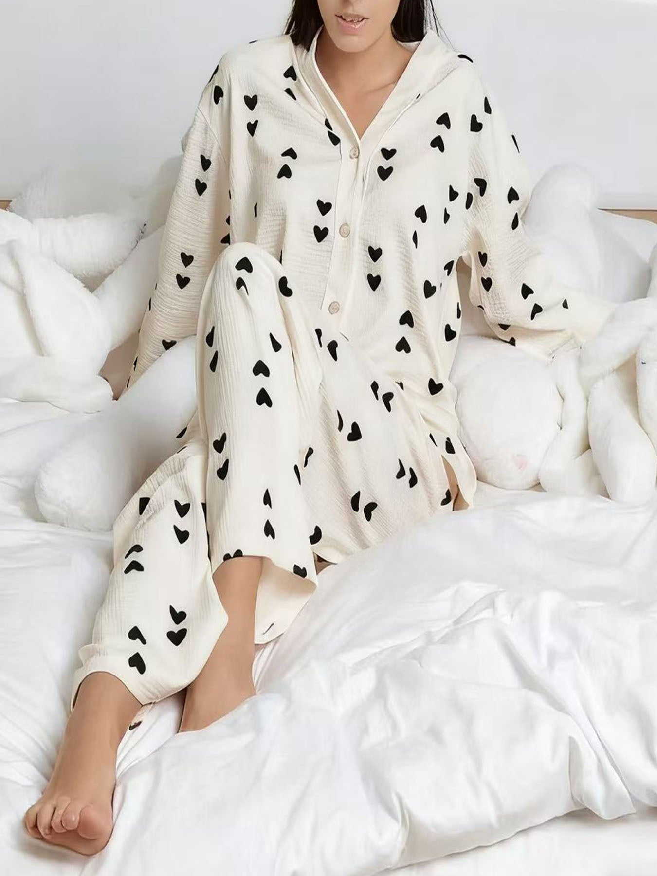 Damen Waffel Pyjama Herz Print