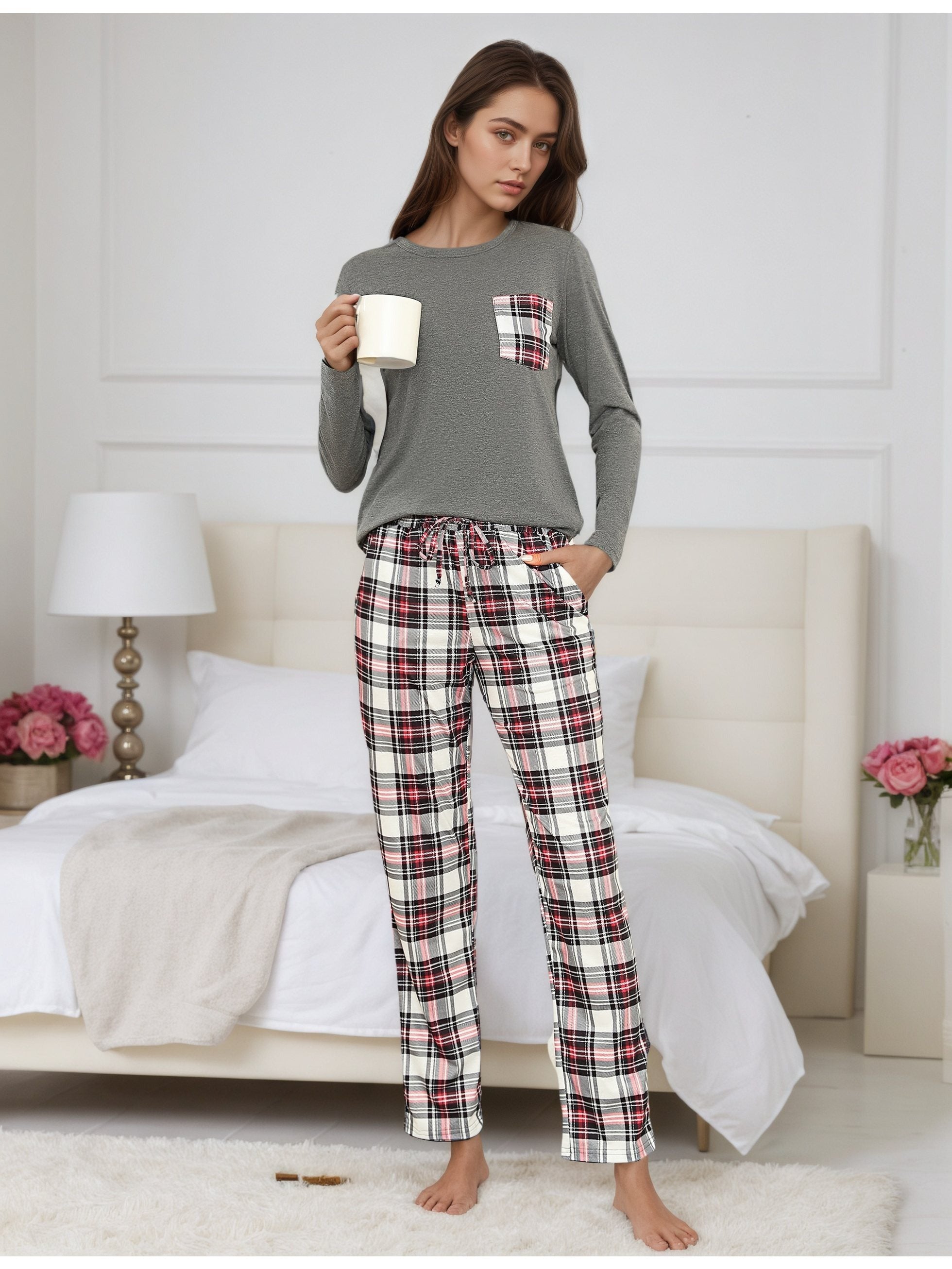 Damen Baumwoll Pyjama Kariert Set