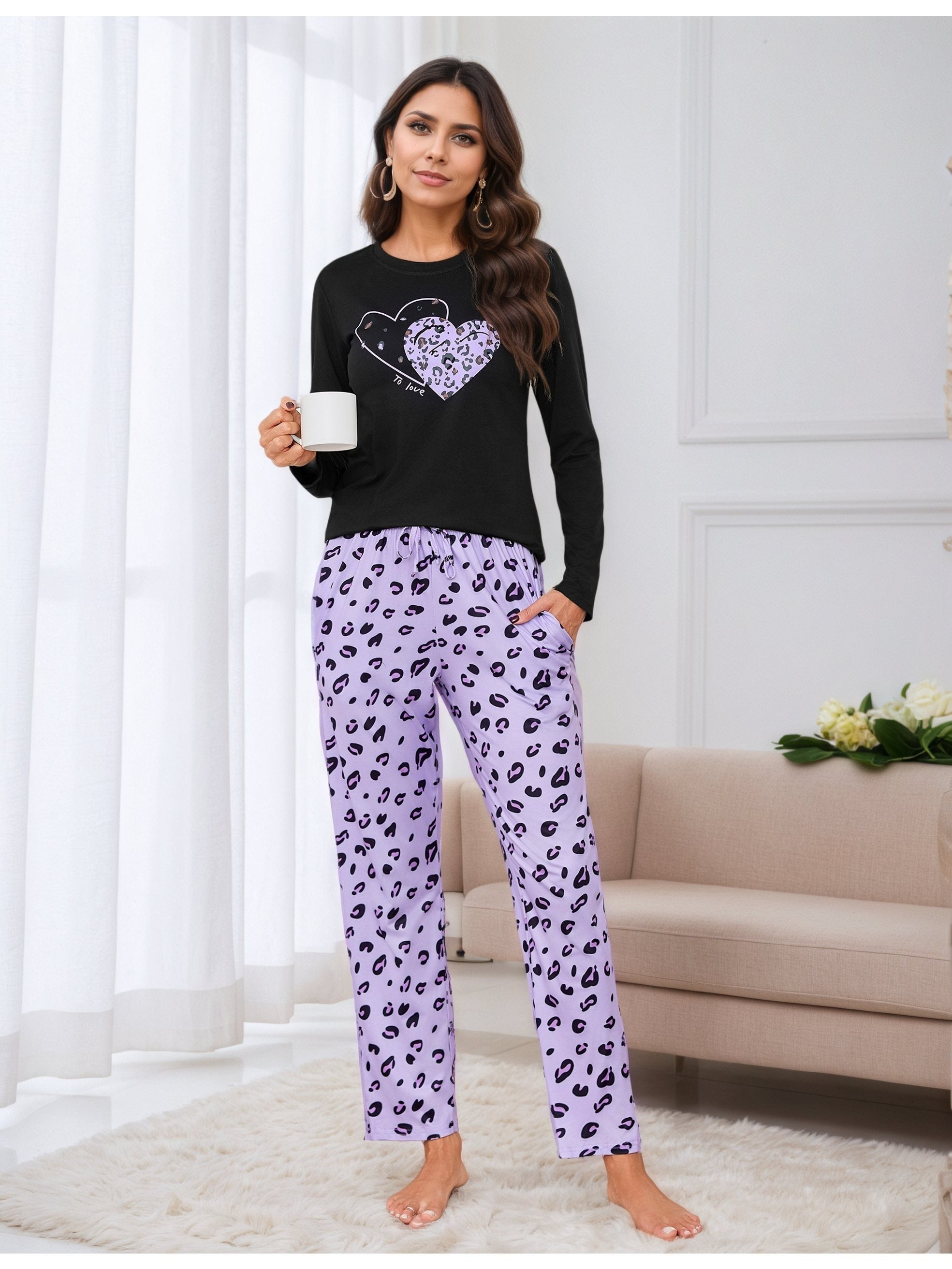 Damen Baumwoll Pyjama Set Print