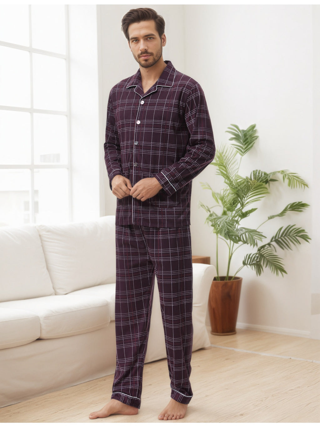 Herren Karierter Pyjama V-Ausschnitt