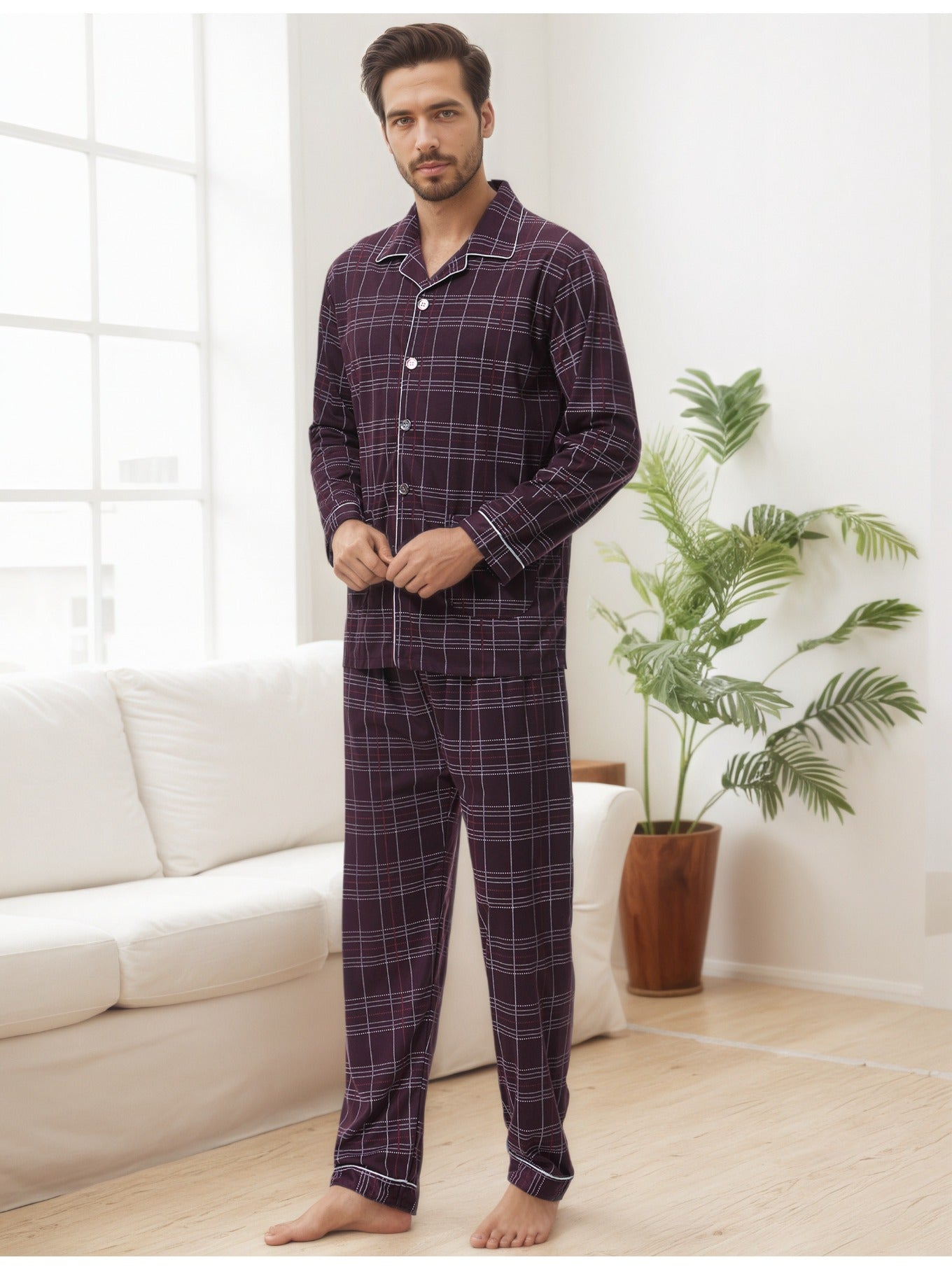 Herren Karierter Pyjama V-Ausschnitt