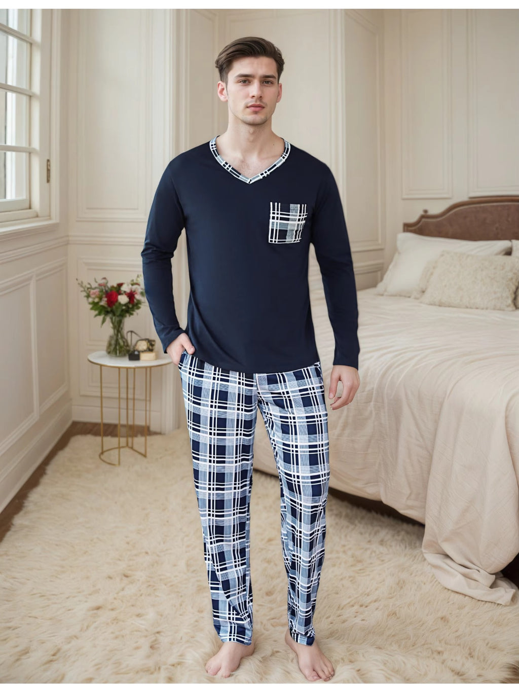 Herren Baumwoll Pyjama Langarm Set
