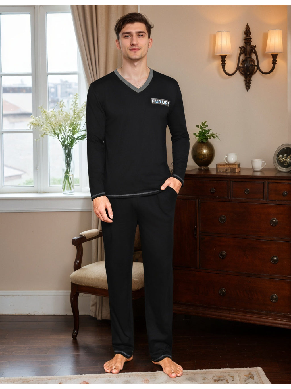 Herren Baumwoll Pyjama V-Neck Print