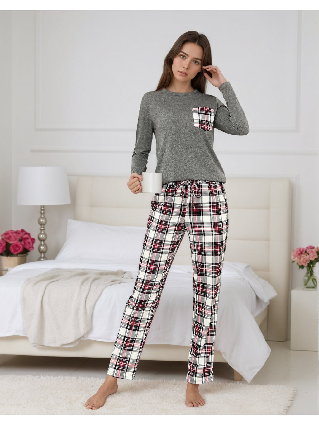 Damen Baumwoll Pyjama Kariert Set