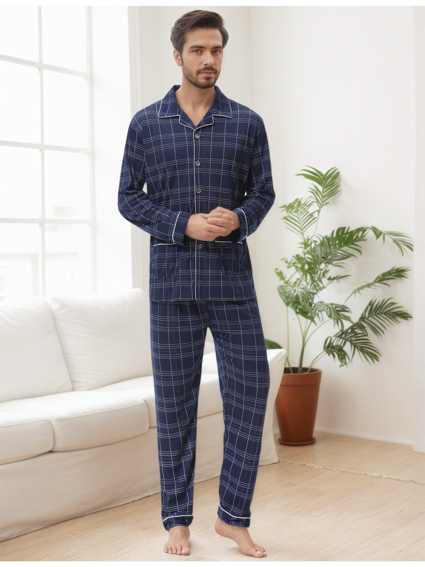 Herren Karierter Pyjama V-Ausschnitt