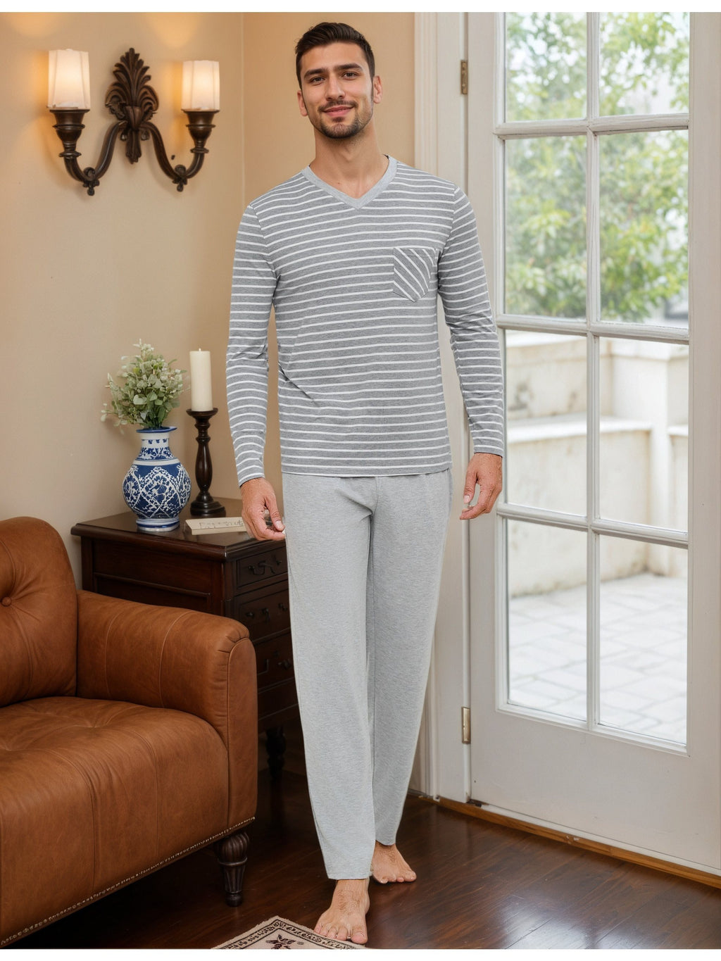 Herren Baumwoll Pyjama Streifen Set