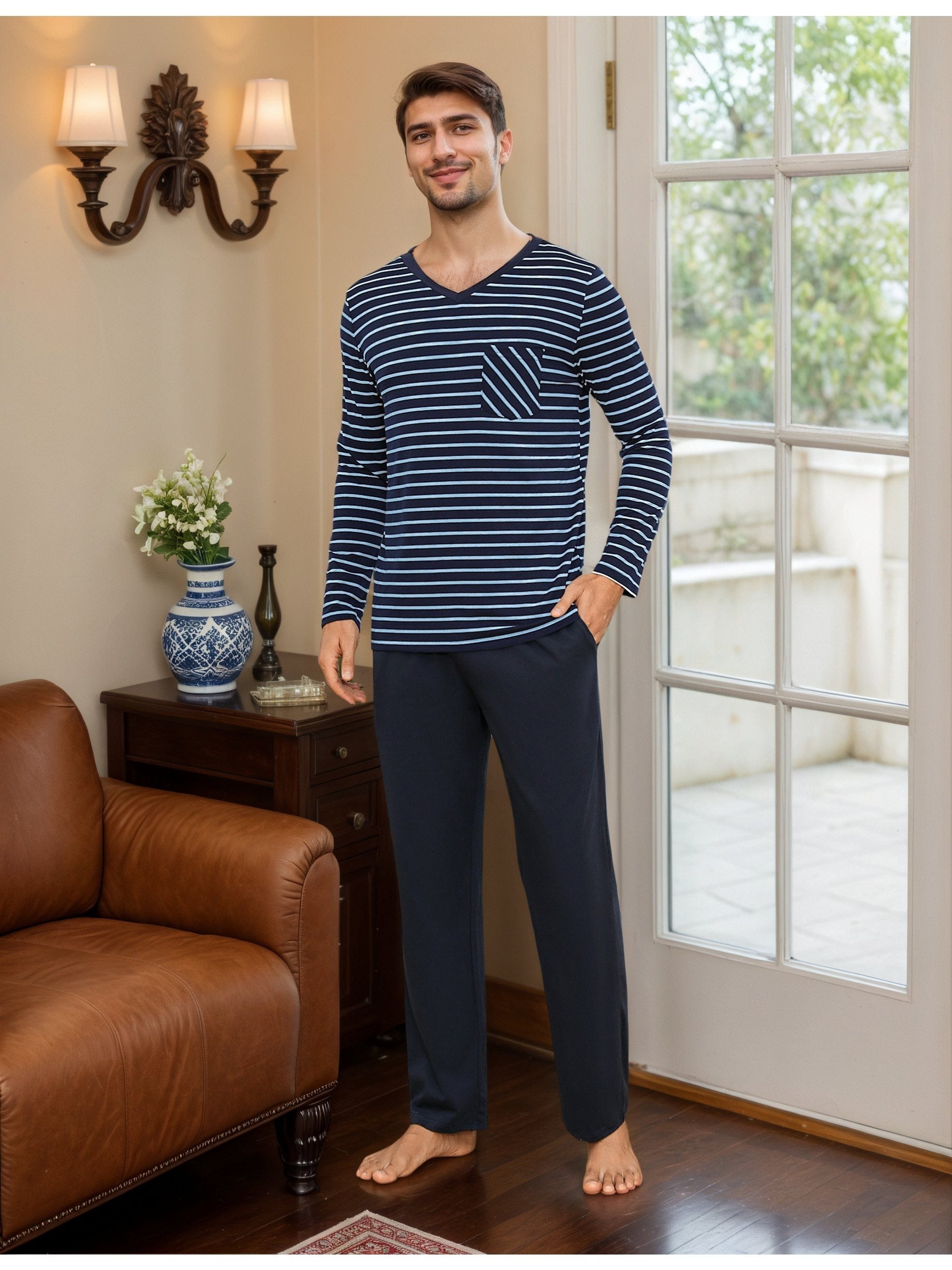 Herren Baumwoll Pyjama Streifen Set