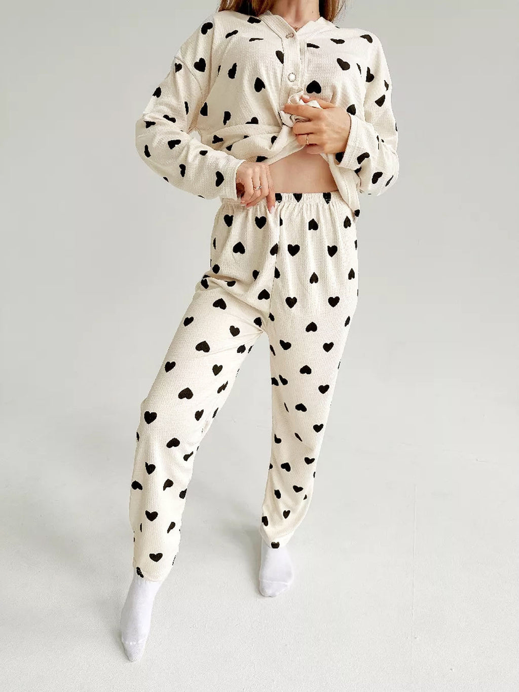 Damen Waffel Pyjama Herz Print