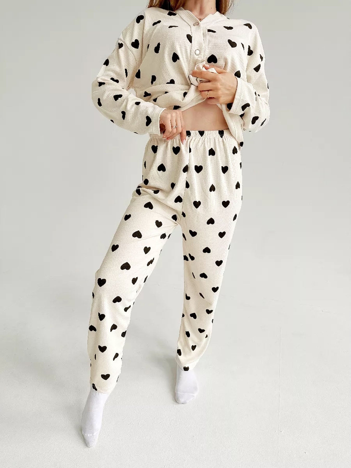 Damen Waffel Pyjama Herz Print